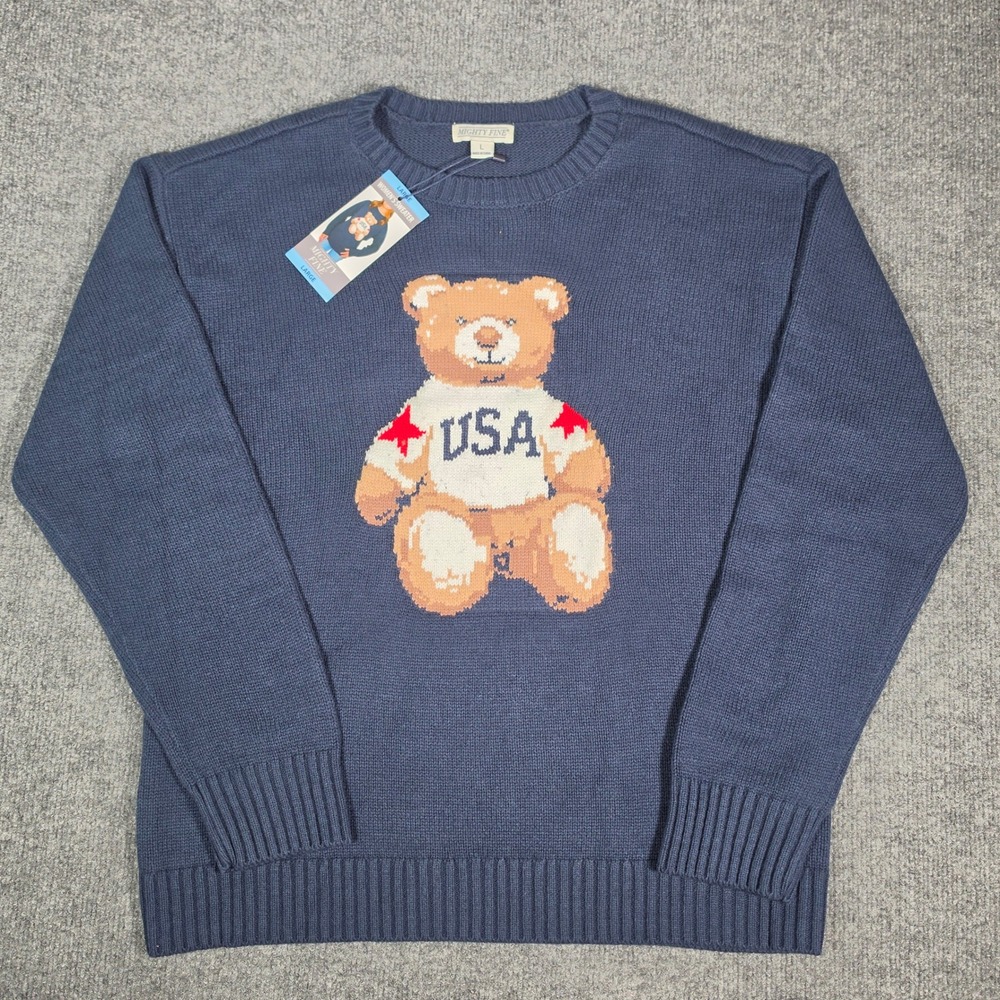 Mighty Fine USA Bear Navy Blue Crewneck Sweater Women Large NWT Cotton Blend